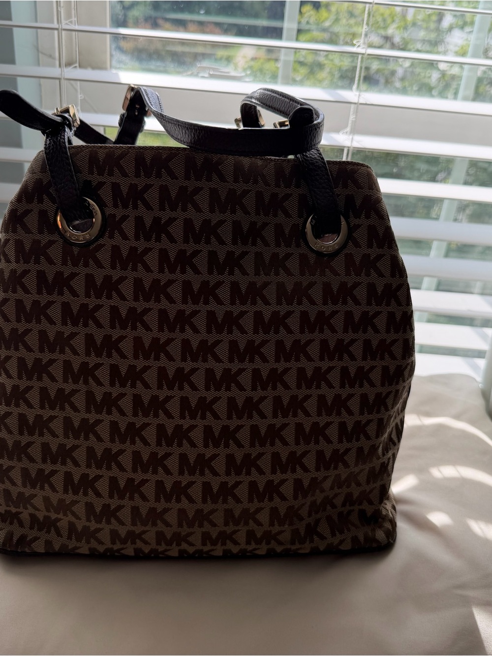 Michael Kors Monogram Canvas Tote Bag Brown Leather Trim 38H7XTTT7J